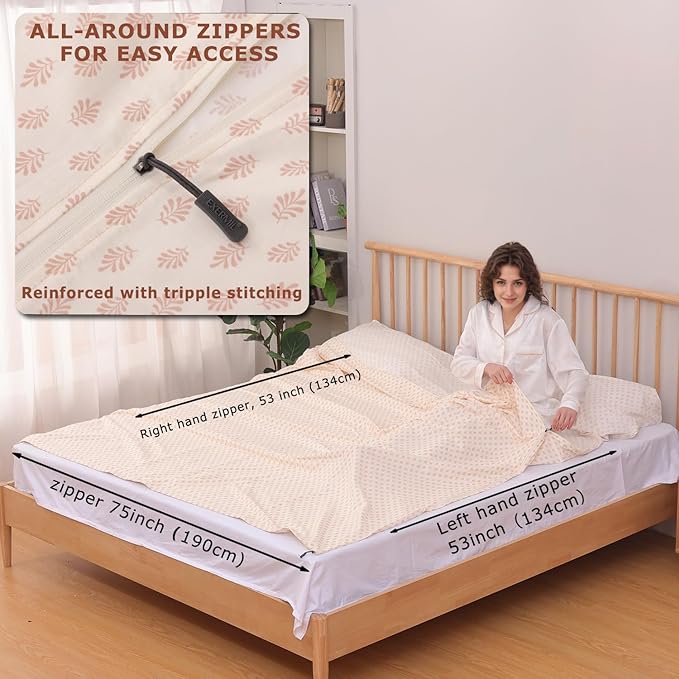 100% Cotton Sleeping Bag Liner with Full Length Zipper on 3 Sides; Single/Double Adult Sleep Sack for Travel & Camping, Multifunctional Travel Sheets (Unzipped 87”x87”) for Hotel, Lightweight