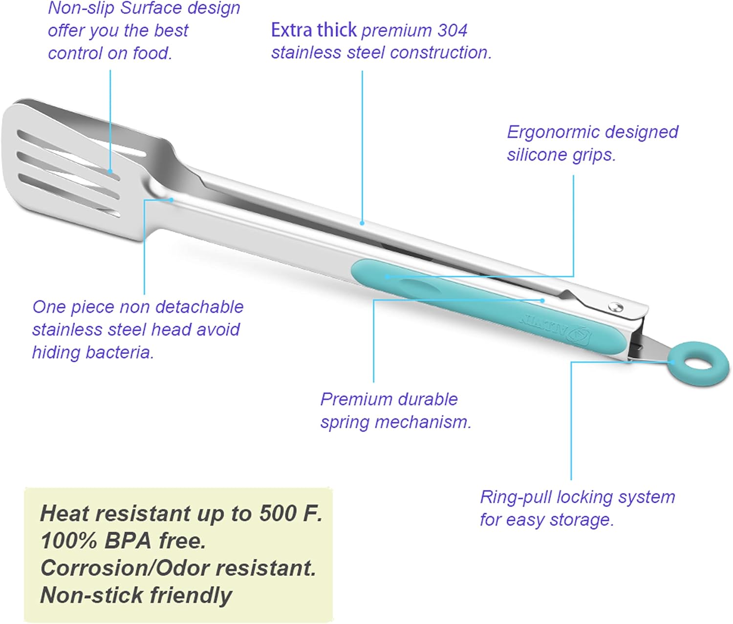 Premium 304 Stainless Steel Barbecue Turners, Heavy Duty Non-Stick BBQ Cooking Kitchen Tongs, 9" and 12" Aqua Sky
