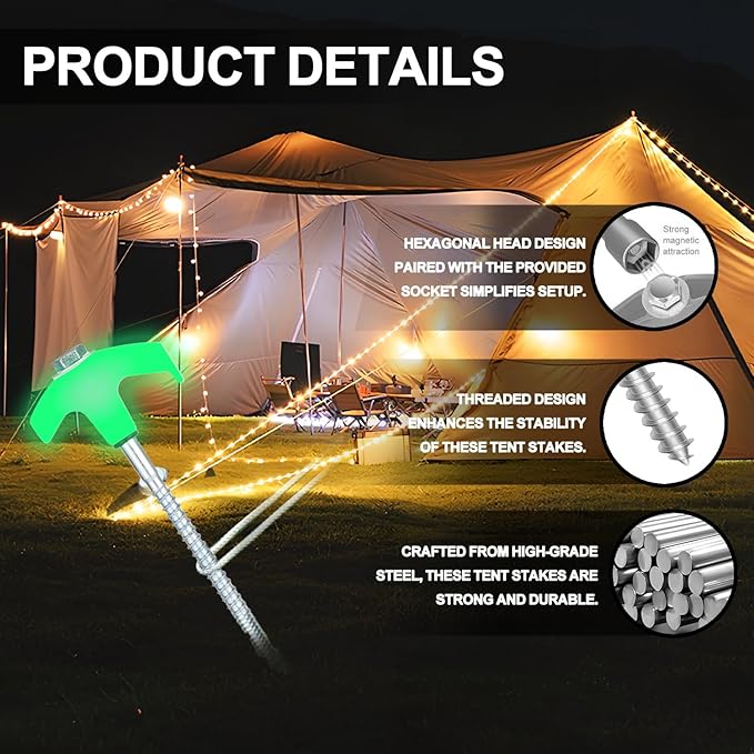 8 Pack Screw in Tent Stakes Heavy Duty,8 Inch Ground Anchors Screw in,Metal Stakes with Hex Head Driver,Camping Tent Accessories.(Luminous White)