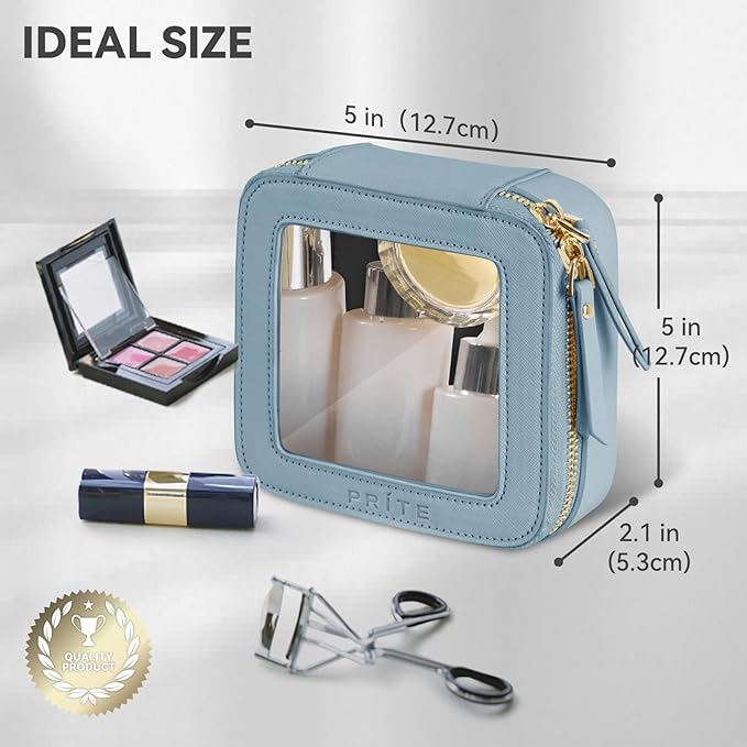Prite Small Makeup Bag for Women Portable Clear Makeup Bag Cute Mini Waterproof Travel Cosmetic Bag with Gold Zipper for Car Essentials(Blue)