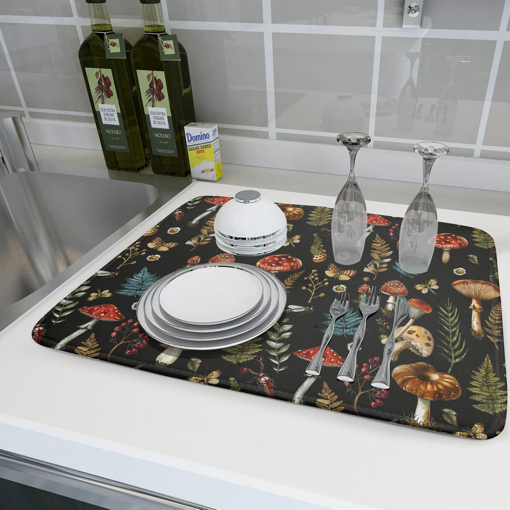 Natural Botanical Dish Drying Mat Mushroom Fern Leaves Berry Drainer Mat Black Drying Pad for Countertop 18 X 24 Inch