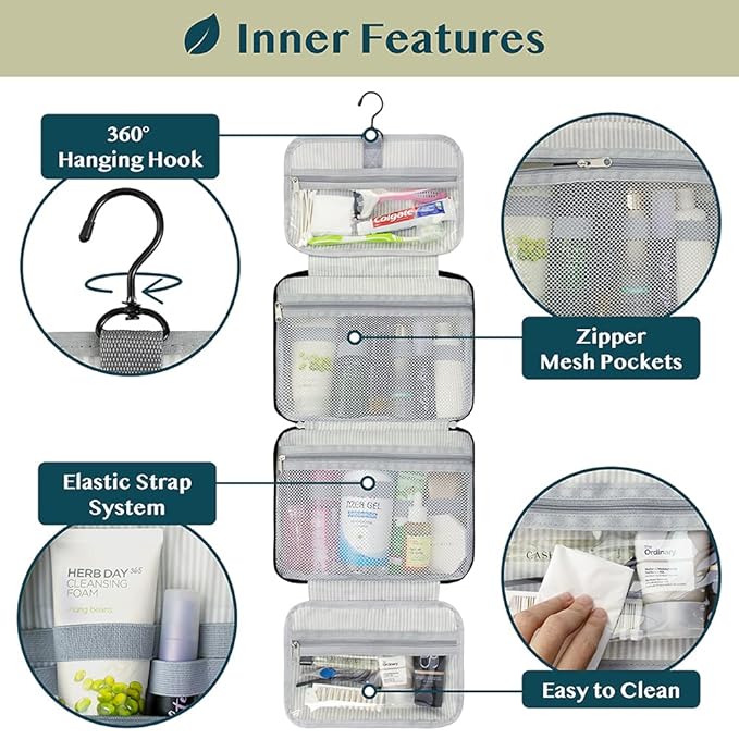 PAVILIA Hanging Toiletry Bag Travel Bag Women Men, Foldable Cosmetic Organizer, Roll up Makeup Bag, Water Resistant Accessories Toiletries, Large Travel Essentials Kit (Black Chevron)