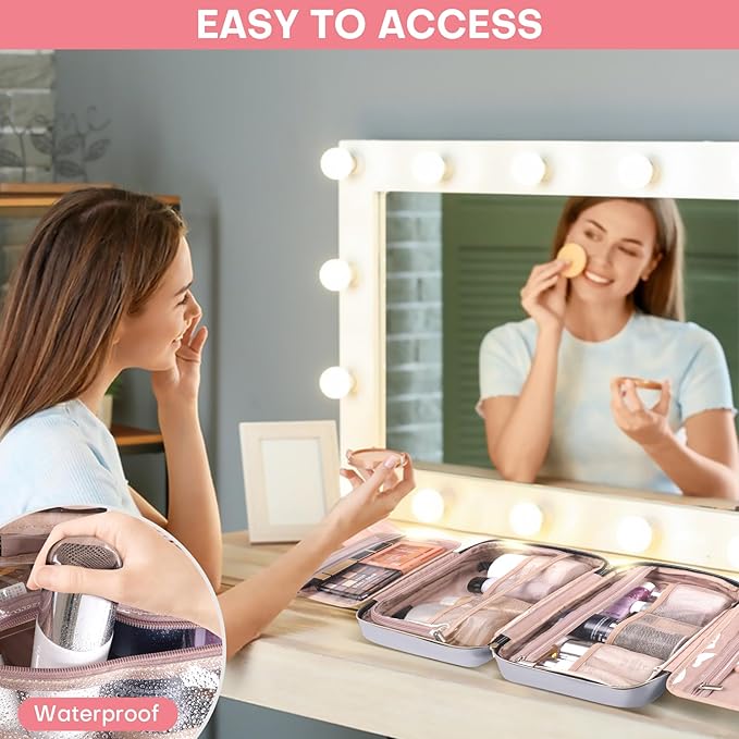 Travel Size Toiletry Bag for Women, Portable Cosmetic Bag with Hanging Hook, Travel Essentials Water-resistant Makeup Organizer for Accessories, Shampoo, Full-size Container, Toiletries