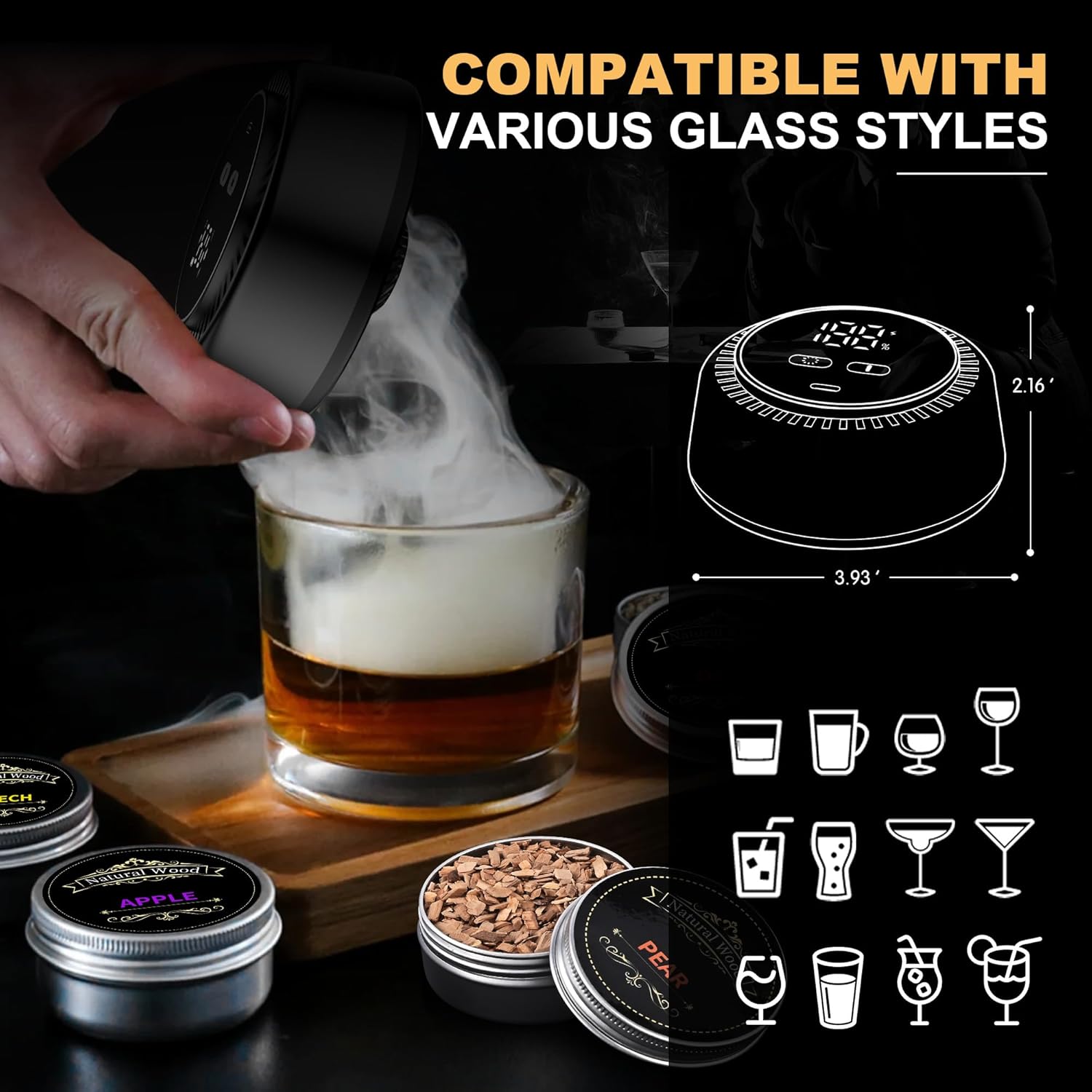 Electric Whiskey Smoker Kit Built-in Lighter with 7 Colorful Lights, Flameless Rechargeable Electric Drink Smoker Kit with 6 Wood Chips – Premium Cocktail Smoker Kit Set for Men, Husband, Dad