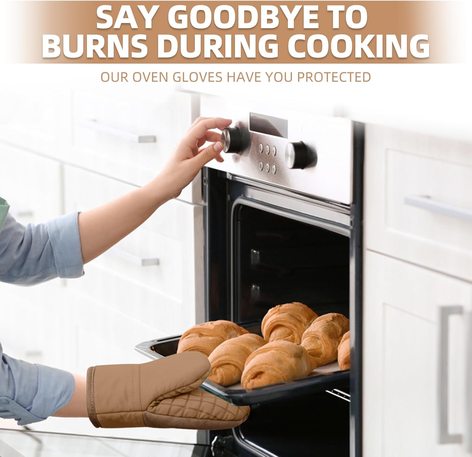 Mini Oven Mitts, Kitchen Oven Gloves Kitchen Mittens 500 Degrees Heat Resistant Baking Gloves, Non-Slip Silicone Surface with Hanging Loops Hot Gloves for Cooking, Baking, BBQ 1 Pair-Brown