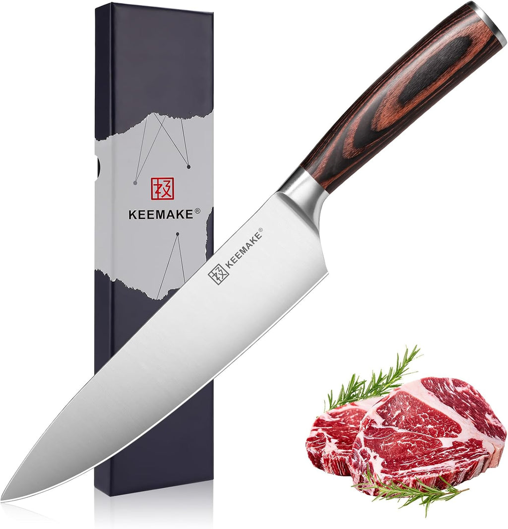 KEEMAKE Chef Knife 8 inch - Sharp Kitchen Knife High Carbon Stainless Steel Blade, Gyuto Knife Ergonomic Wood Handle, Professional Chef’s Knife for Home Kitchen and restaurant
