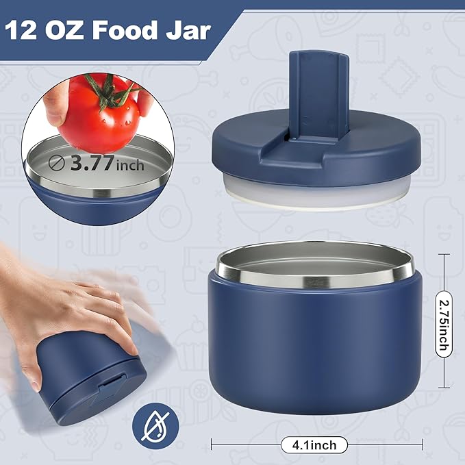12oz Kids Soup Thermo for Hot Food Insulated Vacuum Food Jar with Buckle Lid, Stainless Steel Wide Mouth Leak Proof Lunch Container for School Travel-Blue