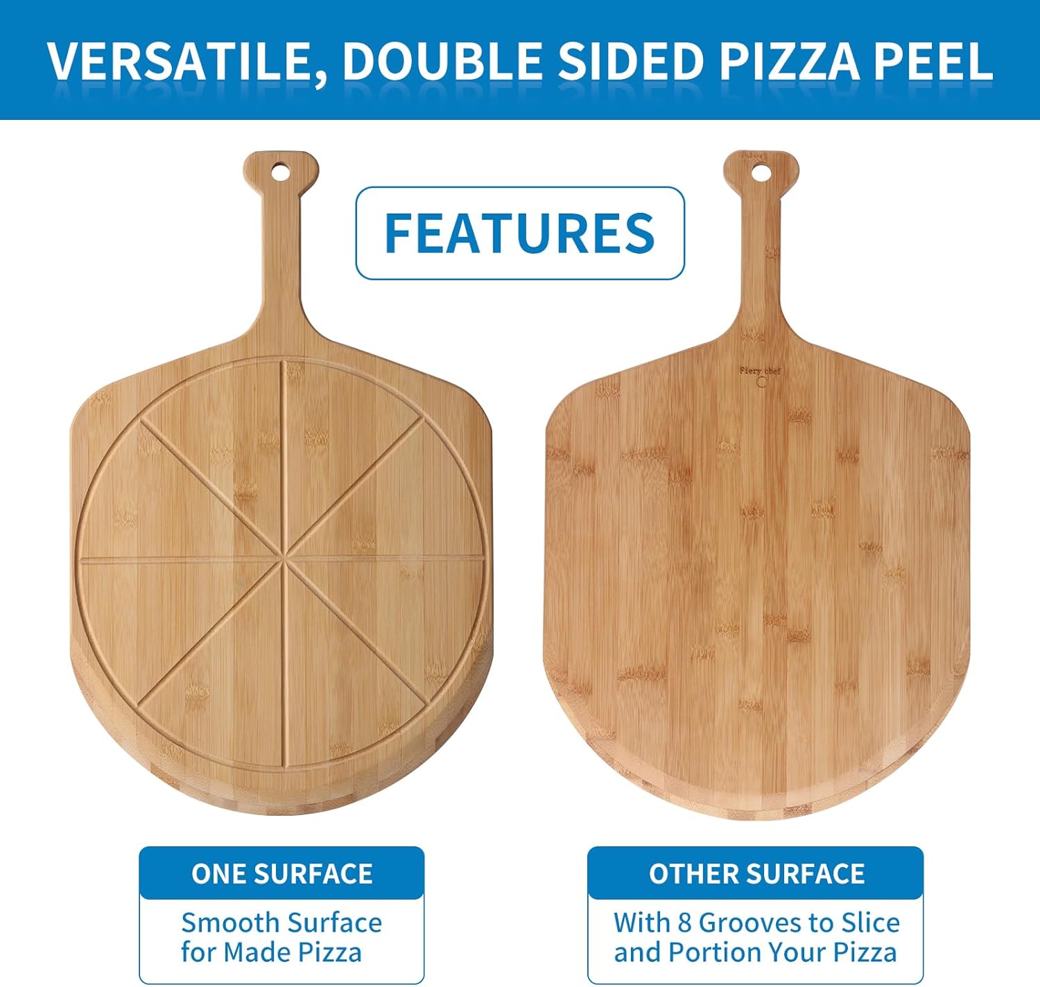 18” Bamboo Pizza Peel - Lightweight Smooth Wooden Pizza Paddle and Pizza Cutting Board with 8 Slice Grooves, Outdoor Pizza Oven Accessories, 25.6 Inch x 18 Inch