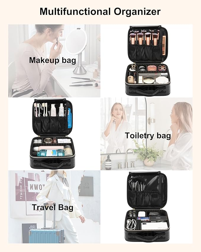 Relavel Travel Makeup Case, Train Case Makeup Brush Organizer, Professional Makeup Artist Makeup Bag, with Adjustable Partition and Shoulder Straps (Crocodile, Small)