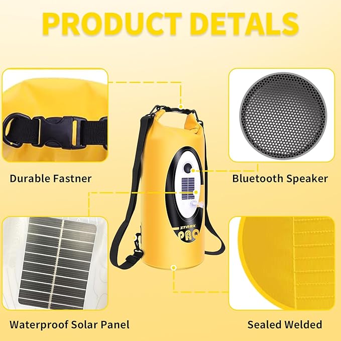 20L Solar Dry Bag Backpack with Bluetooth Speaker,4 Lighting Mode LED Storage Bag,Solar or USB Rechargeable,IP66 Waterproof for Fishing Hiking Floating