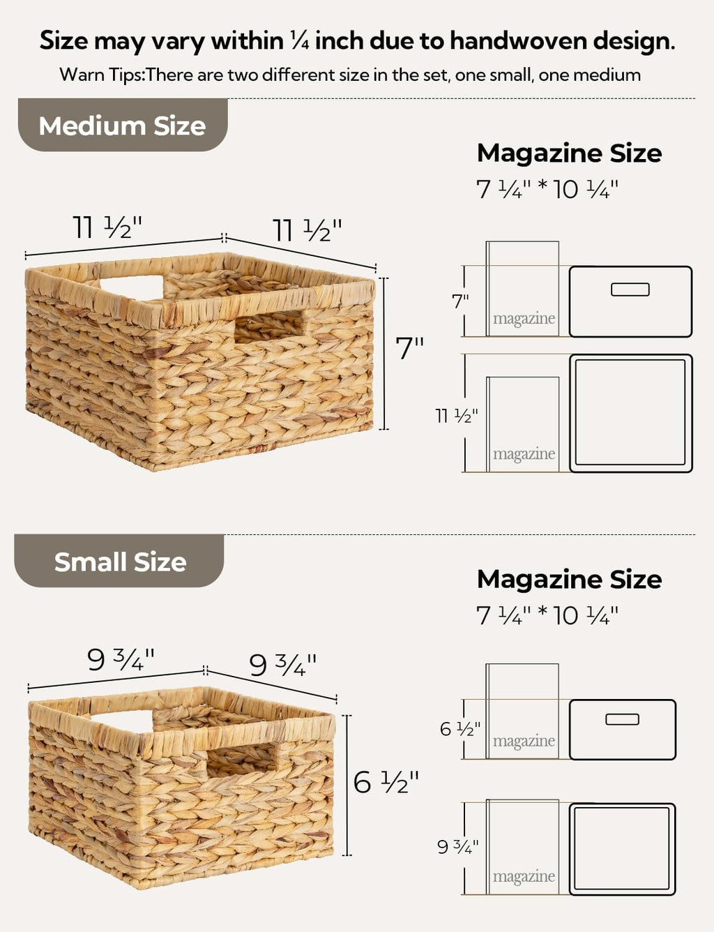 StorageWorks Wicker Storage Basket, Water Hyacinth Basket for Organizing, Decorative Water Hyacinth Storage Baskets, Set of 2, Large and Small