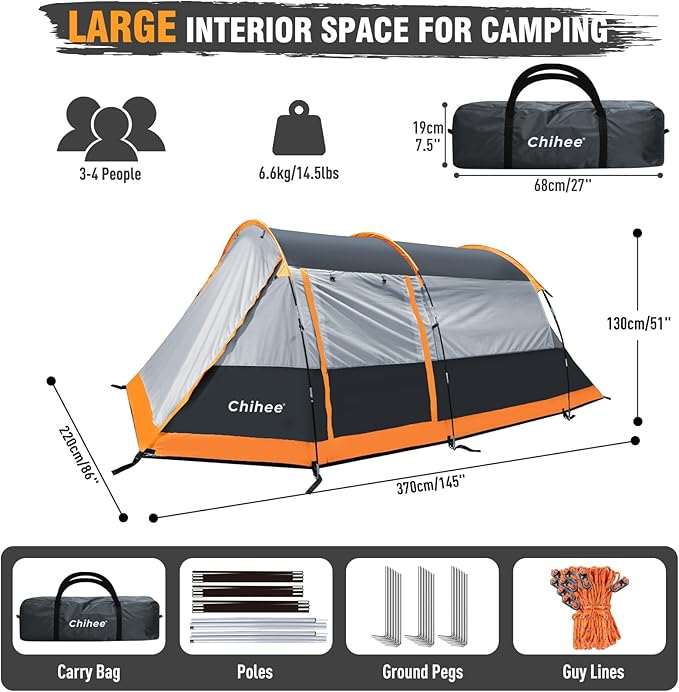 Chihee Camping Tents Tunnel Tent 4 Person Family Tents with 2 Doors Extra Weatherproof Outdoor Shelter 4 Seasons Tents with Double Waterproof Groundsheets Screened Room Porch Carry Bag for Travelling