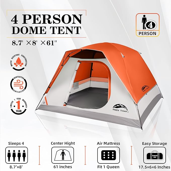 Happy Travel Camping Tent, 4 Person Dome Tents for Camping with Rainfly, Waterproof Clip Easy Setup Portable Family Tent with Mesh Windows, 20% More Headroom Backpacking Tents for Camping & Hiking