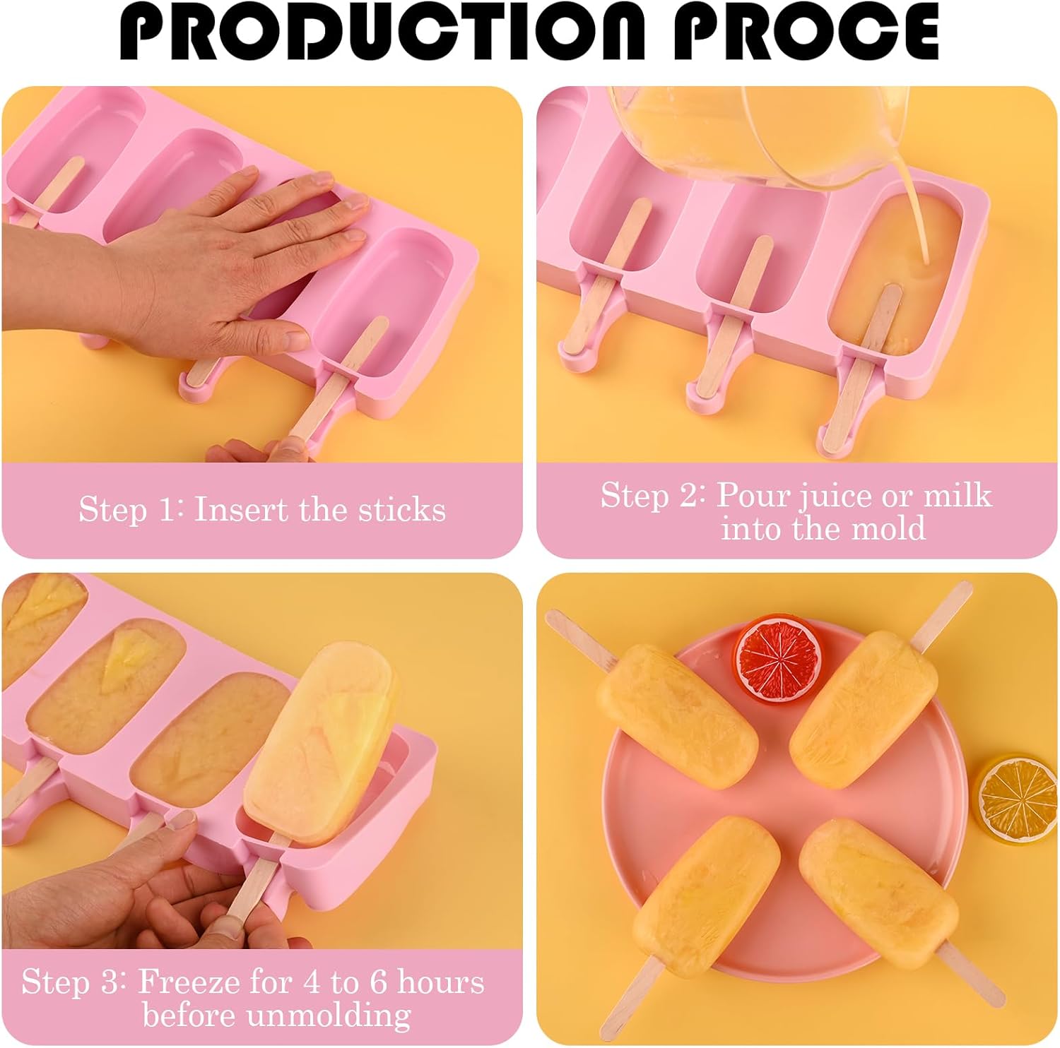 Sakolla Silicone Popsicle Molds Set of 3, Large Oval 4 Cavities Homemade Ice Pop Molds with 150 Wooden Sticks for Ice Cream, Cakesicles, Cake Pop (Pink)