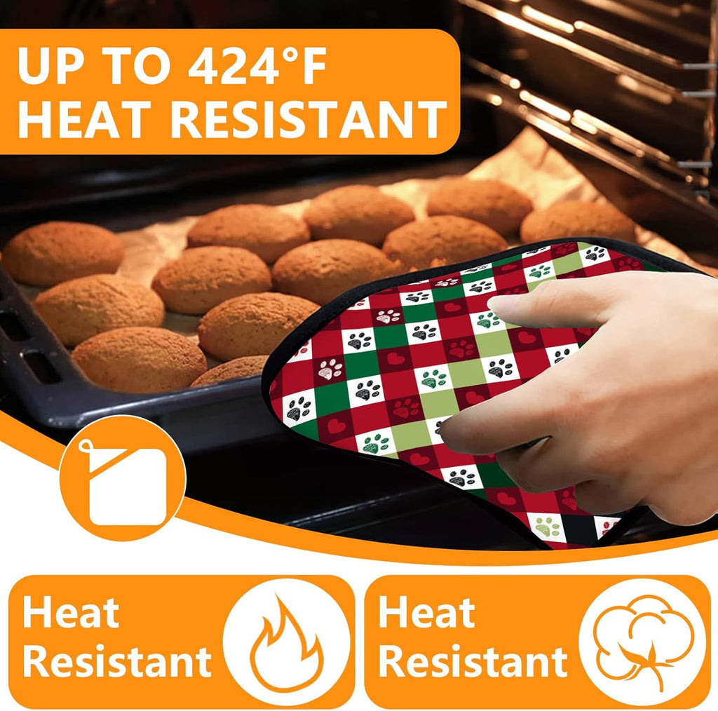 Red Green Dog paw Oven Mitts and Pot Holders Sets 4Pcs,Extra Long Oven Gloves Potholder for Kitchen Cooking Baking BBQ 100% Cotton Heat Resistant
