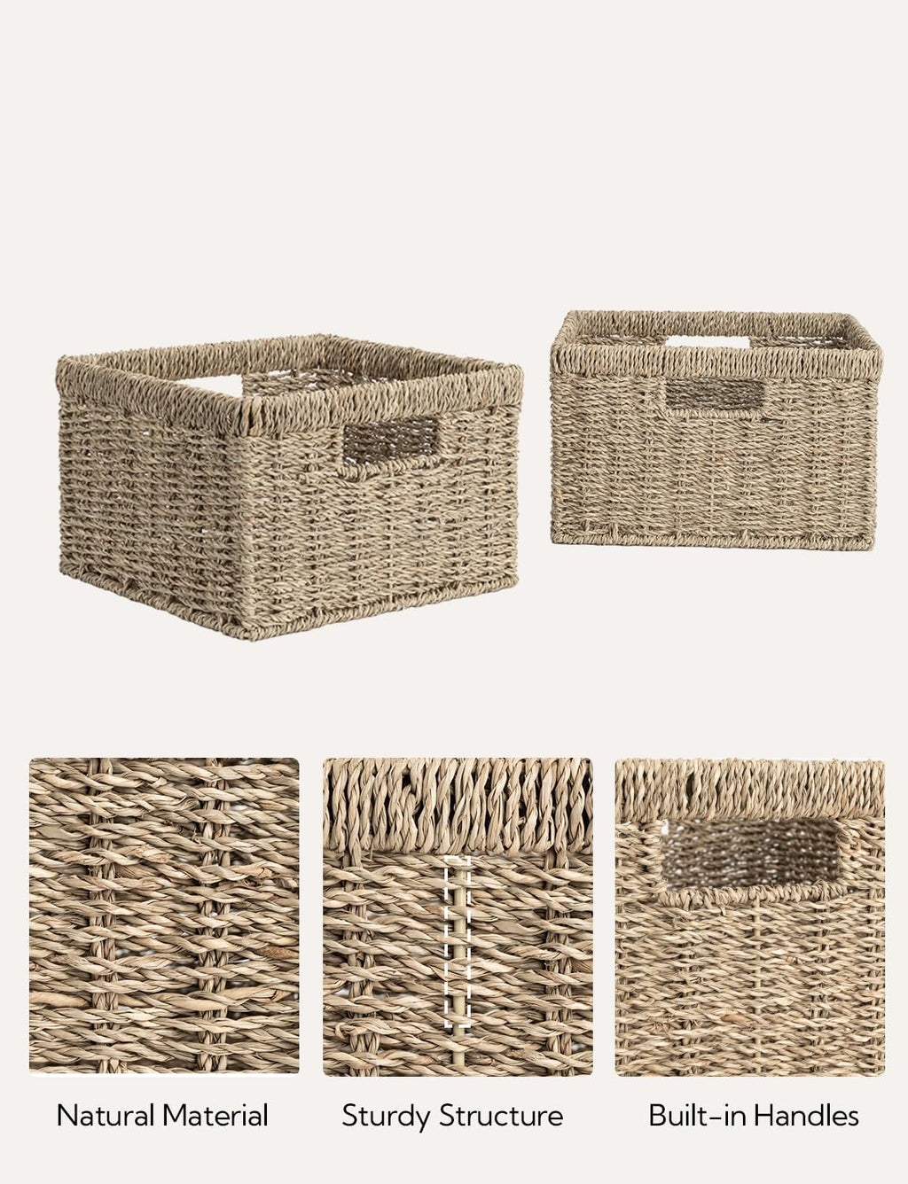 StorageWorks Wicker Storage Baskets, Handwoven Seagrass Basket for Organizing, Decorative Wicker Baskets with Built-in Handles, Set of 2