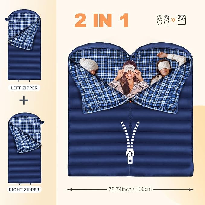 0 Degree Sleeping Bag 100% Cotton Flannel XXL Cold Weather Winter Oversized Sleeping Bag for Adults Camping Zero Degree Big and Tall with Compression Sack