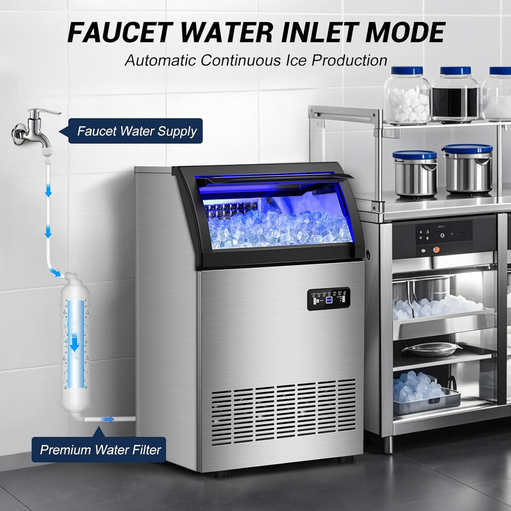 220LBS Commercial Ice Maker Machine - 72PCS Ice Cubes per Round, Undercounter/Freestanding Ice Machine, 55LBS Ice Storage Capacity for Home Bar and Outdoor, Stainless Steel Self-Cleaning