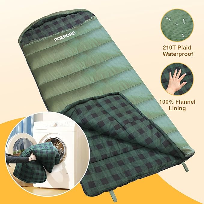Flannel Sleeping Bag 0 Degree Cold Weather for Adults XXL Sleeping Bag 4 Season Big and Tall with Compression Sack
