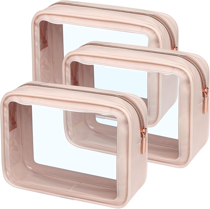 PACKISM TSA Approved Toiletry Bag - 3 Pack Upgrade Color-Edged Clear Makeup Bag, Clear Toiletry Bag For Traveling Fits Various Storage Needs, Pink