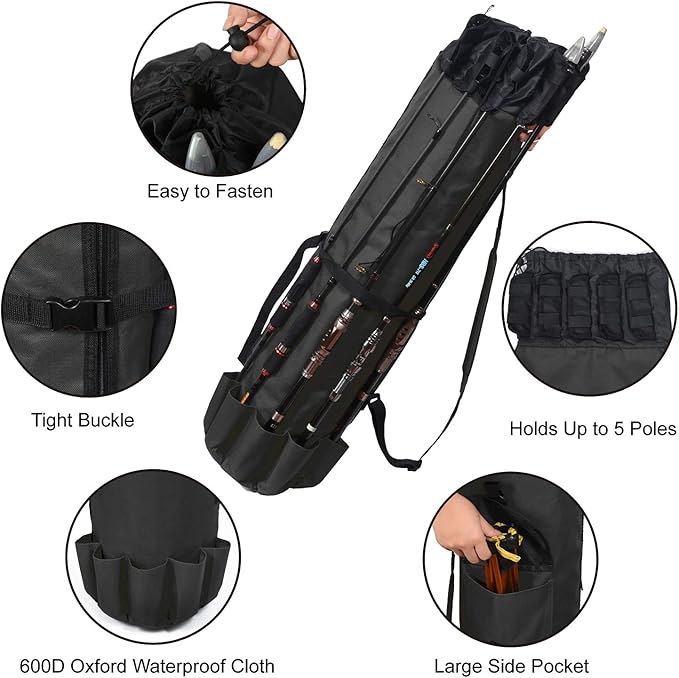 LEADALLWAY Portable Fishing Rod Case - Durable Folding Oxford Fabric Tackle Carry Bag - Multifunction, Large Capacity, Waterproof - Holds 5 Poles