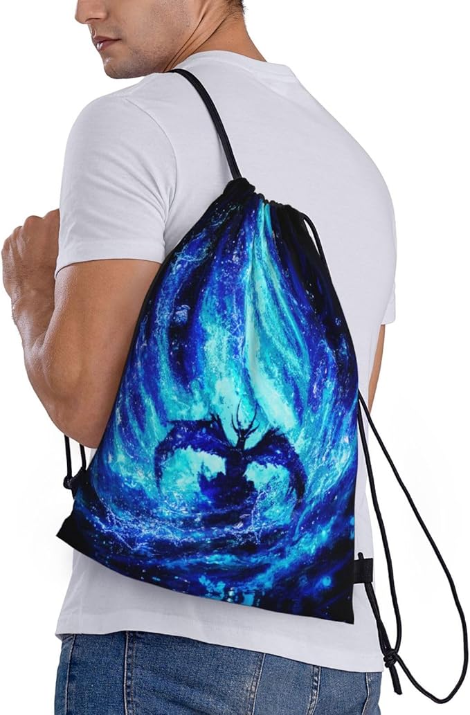 Fly Dragon Drawstring Bags Cool Blue Flame Sport Gym Sackpack Black Backgound Drawstring Backpack for Men Beach Yoga Swim String Bag Cinch Bag