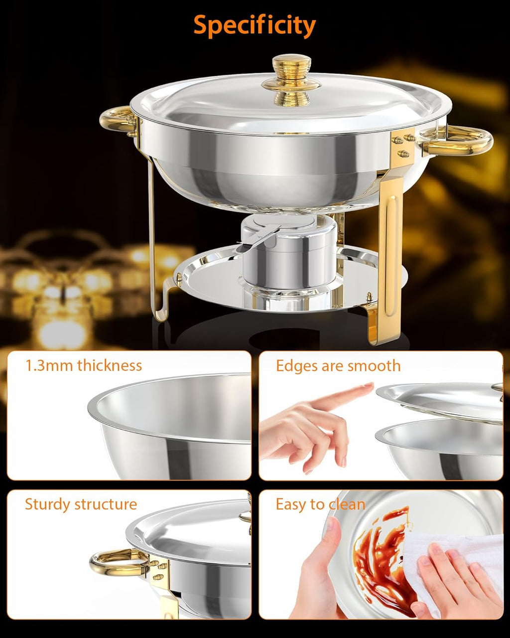 5QT 4 Packs Chafing Dish Buffet Set, NSF Round Stainless Steel Chafers and Warmers Food Servers Sets with Lid & Lid Holder, Spoon & Tweezer for Catering Events Parties Weddings Dinners, Gold