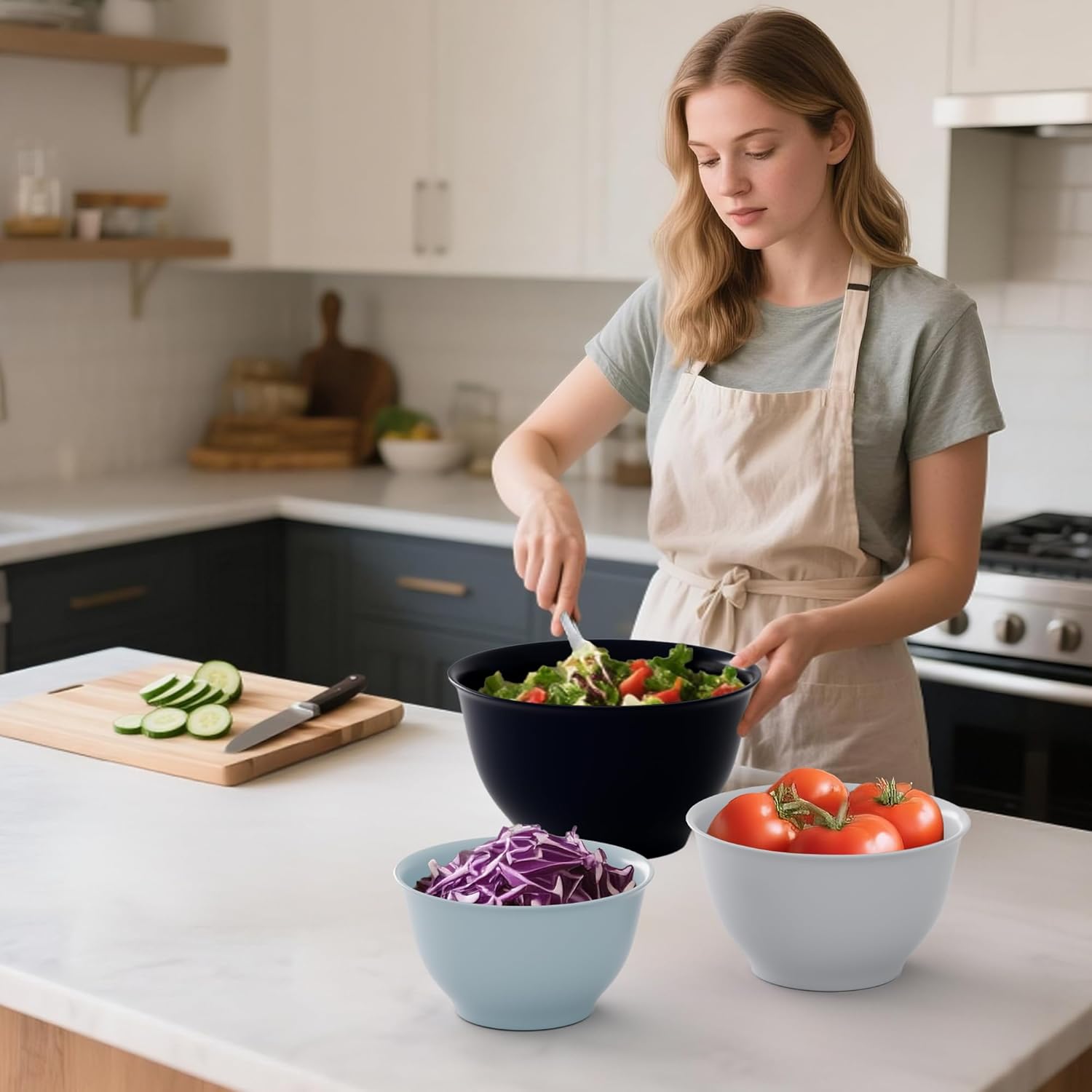 TP Large Mixing Bowl Set with Lids, Melamine Nesting Bowls Set for Pasta Baking Salad Mixing, Set of 3, Blue and White