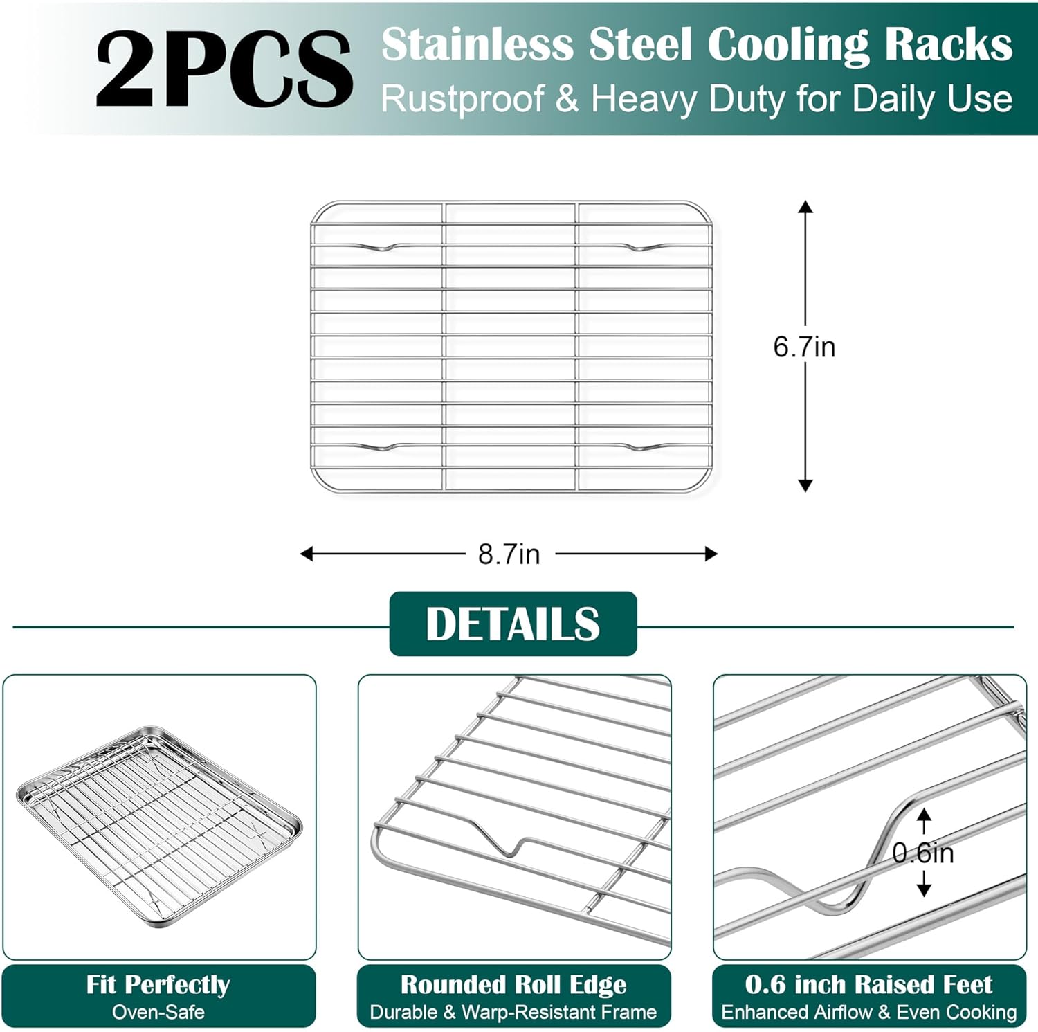 E-far Small Baking Sheet with Wire Rack (2 Pans + 2 Racks), Stainless Steel Cookie Sheets Trays & Cooling Rack for Toaster Oven, Non Toxic & Warp Resistant, Oven & Dishwasher Safe, 9.4 x 7.3 x 1 Inch