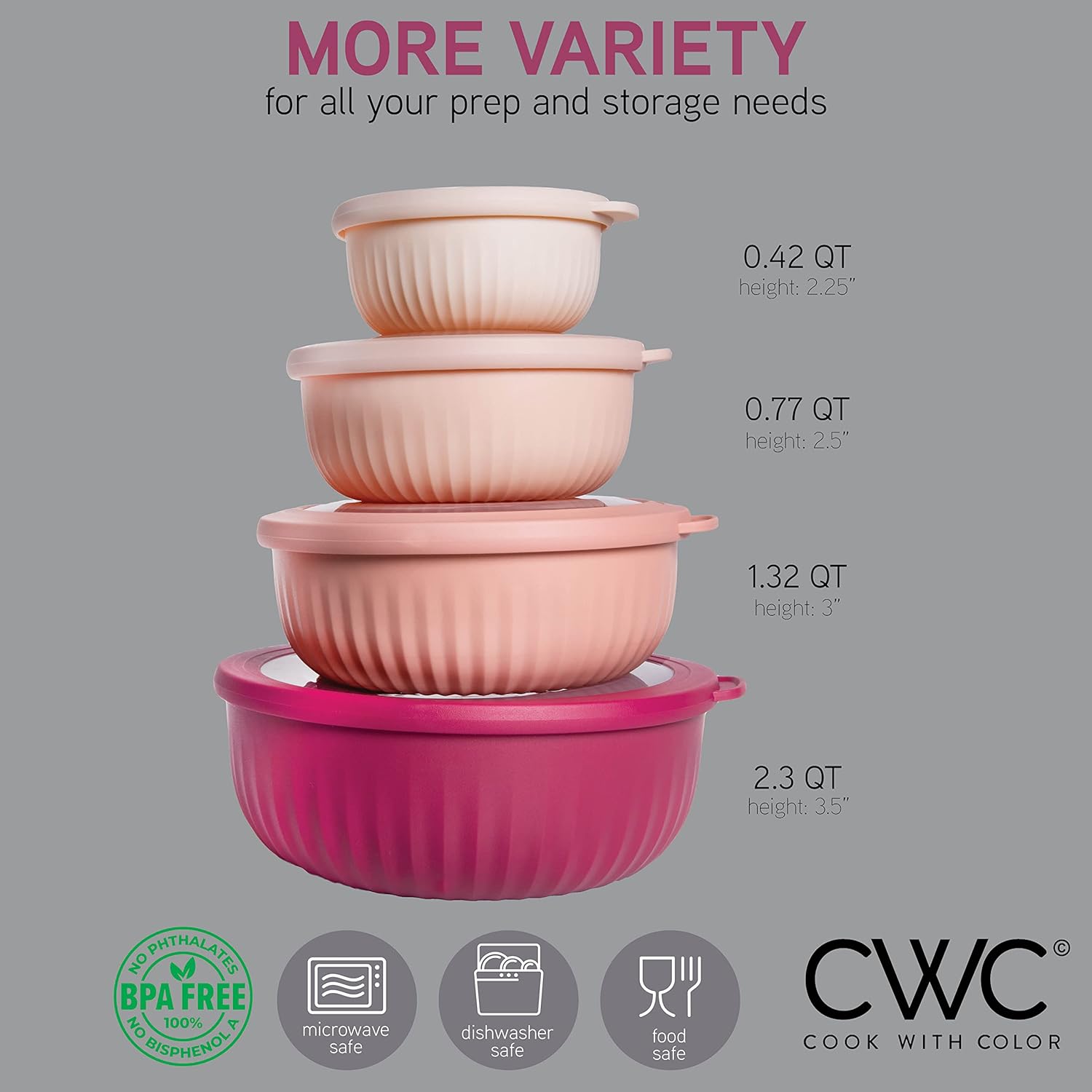 COOK WITH COLOR Prep Bowls with Lids- Wide and Deep Nesting Plastic Small Mixing Bowl Set with Lids, 8 Piece Set - Wide Bowls, Rose