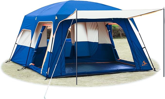 KTT Extra Large Tent 10-12-14 Person(B),Family Cabin Tents,2 Rooms,3 Doors and 3 Windows with Mesh,Straight Wall,Waterproof,Double Layer,Big Tent for Outdoor,Picnic,Camping,Family Gathering