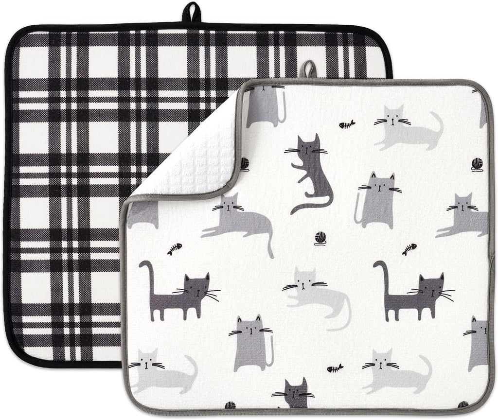 FRESHMINT Printed Dish Drying Mat Set for Kitchen Counter Absorbent Reversible Drying Mats Microfiber Kitchen Countertop Protector Dishes Pad 2 Pack Large Dish Drainer Rack Mat, 18" x 16"