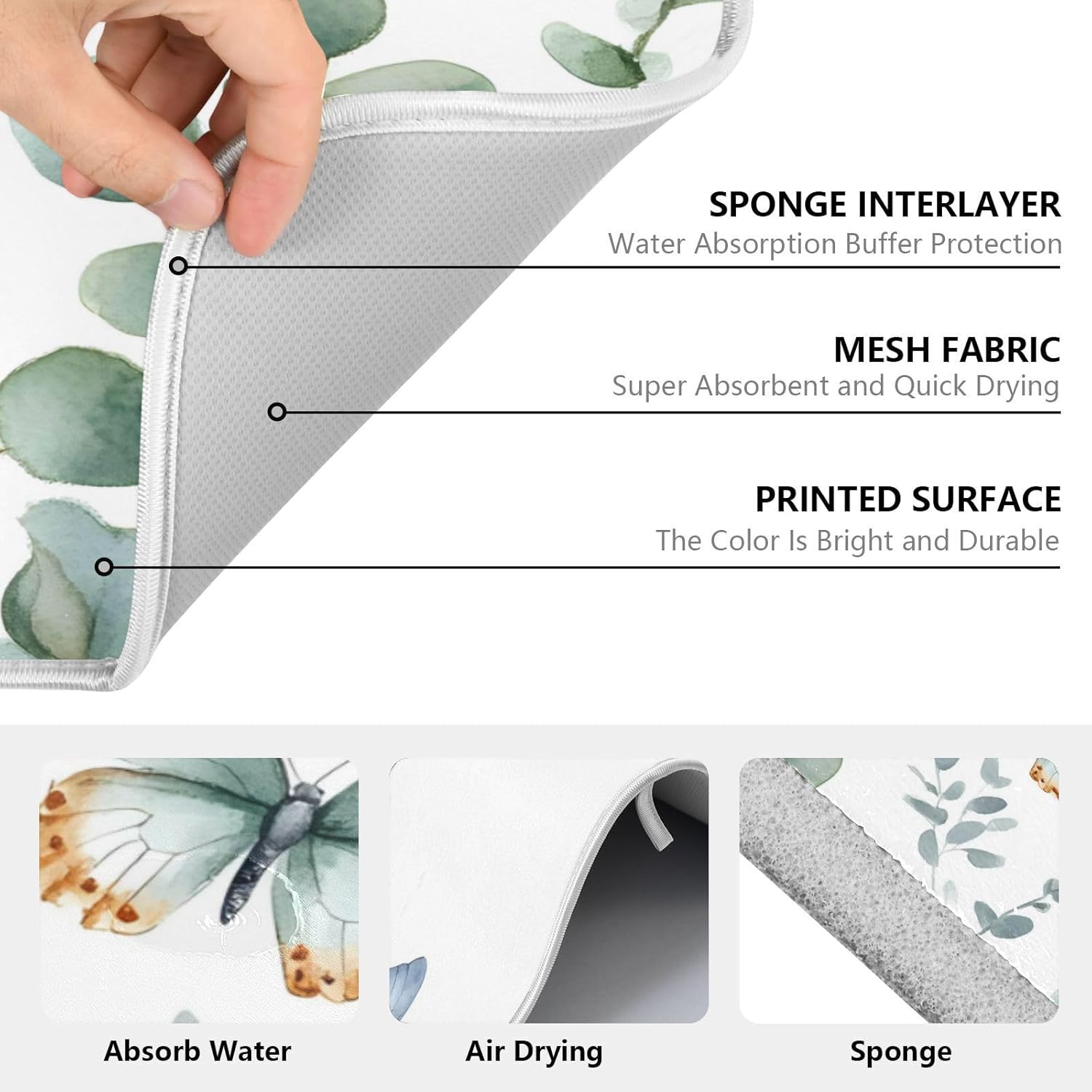 Spring Eucalyptus Green Leaf Dish Drying Mat for Kitchen Counter Absorbent Microfiber Small Drying Pad Dish mats for Kitchen Countertops 16 x 18 Inch