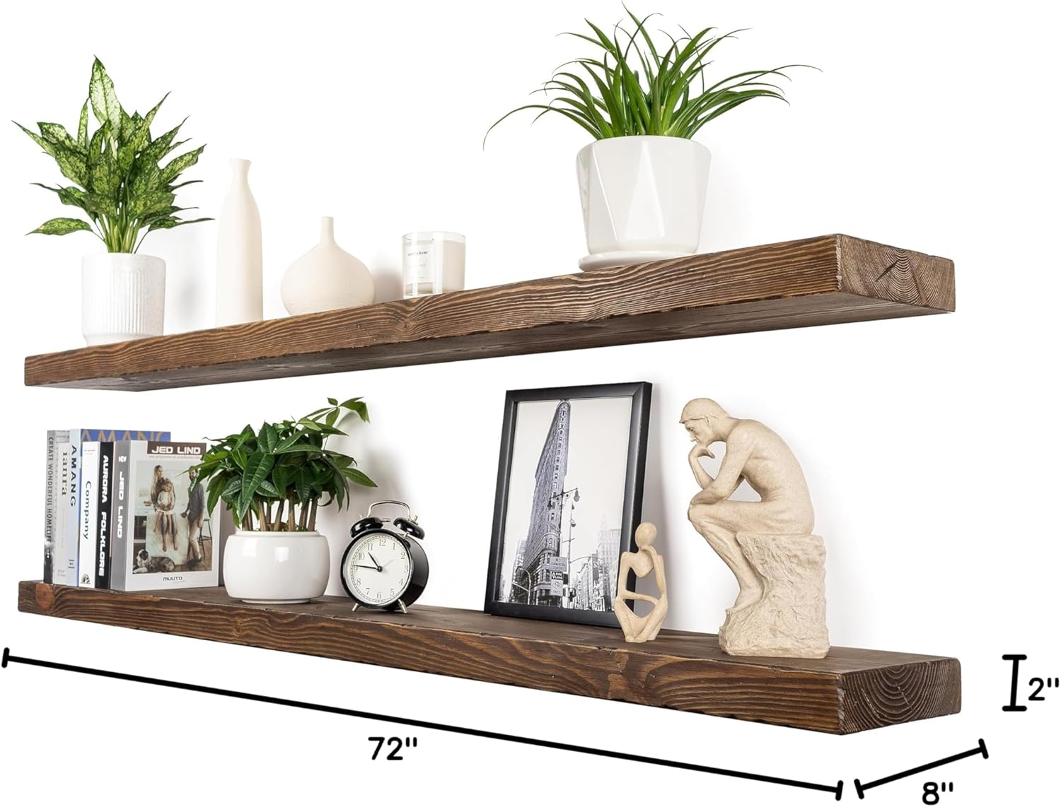 Floating Shelves 72 inch Long 8 "deep Set of 2, Heavy Duty Wood Wall Mounted Shelves for Bathroom Living Room Kitchen,Book Shelves with Thickened Hidden Bracket-Distressed Walnut