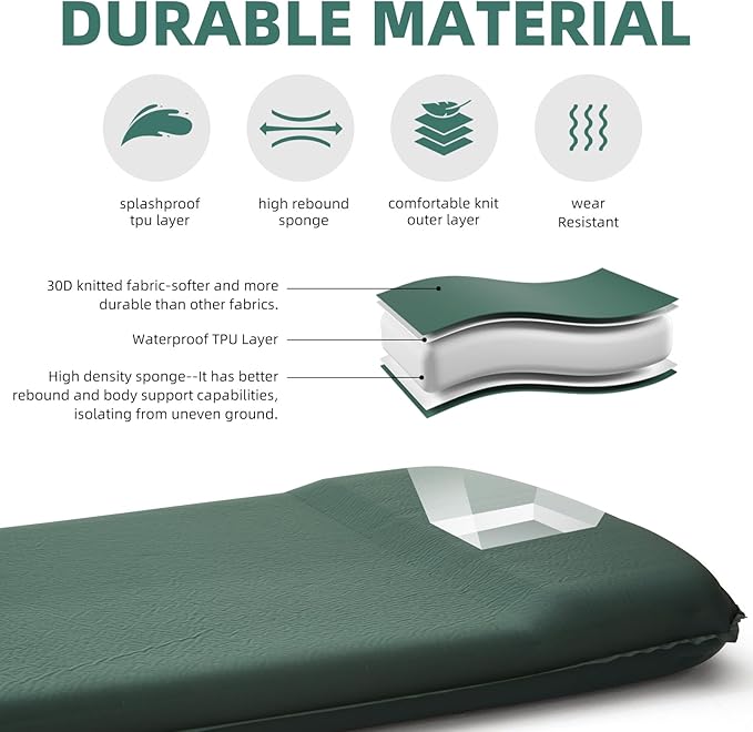 INVOKER 3.15" Self Inflating Camping Sleeping Pad, Ultra-Thick Elasticity Foam Fast Inflating 4-Season Insulated Durable Camping Mat Air Mattress with Pillow, for Tent, Car, Camping, Traveling, Green