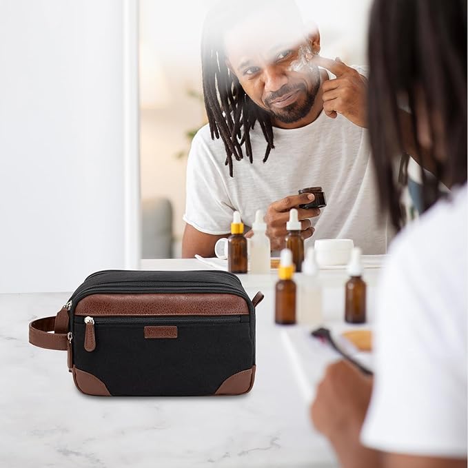 Travel Toiletry Bag for Men - Canvas Toiletries Bag with Multiple Pockets Large Hanging Dopp Kit Travel Bag for Toiletries Essentials Accessories - Black