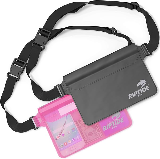 riptide Waterproof Fanny Pack Pouch (2 Pack) for Men & Women Dry Bag Water Resistant with Adjustable Waist Strap - Protects Valuables at Water Sports (Black/Transparrent & Sheer Pink)