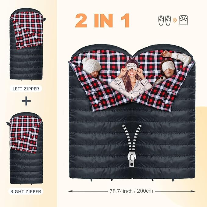 0 Degree Sleeping Bag 100% Cotton Flannel XXL Cold Weather Winter Oversized Sleeping Bag for Adults Camping Zero Degree Big and Tall with Compression Sack