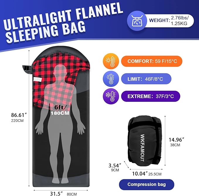 Backpacking Flannel Sleeping Bag Lightweight for Adults Hiking Ultralight Compact Sleeping Bag Portable Warm Weather Summer with Compression Sack