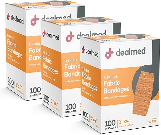 Dealmed Fabric Flexible Adhesive Bandages – 100 Count (3 Pack) Bandages with Non-Stick Pad, Latex Free, Wound Care for First Aid Kit, 2" x 4"