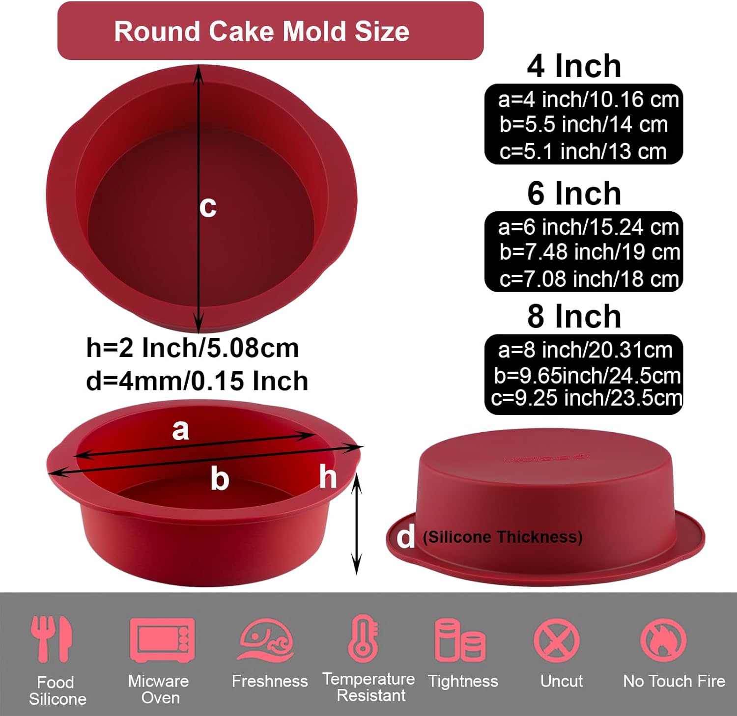 Nalchios 3-Piece Wine Red Silicone Round Cake Pans Set for Baking, Non-stick Flexible Silicone Baking Mold Pans for Layer Cake, Cheese Cake, Chocolate Cake 4+6+8 Inch