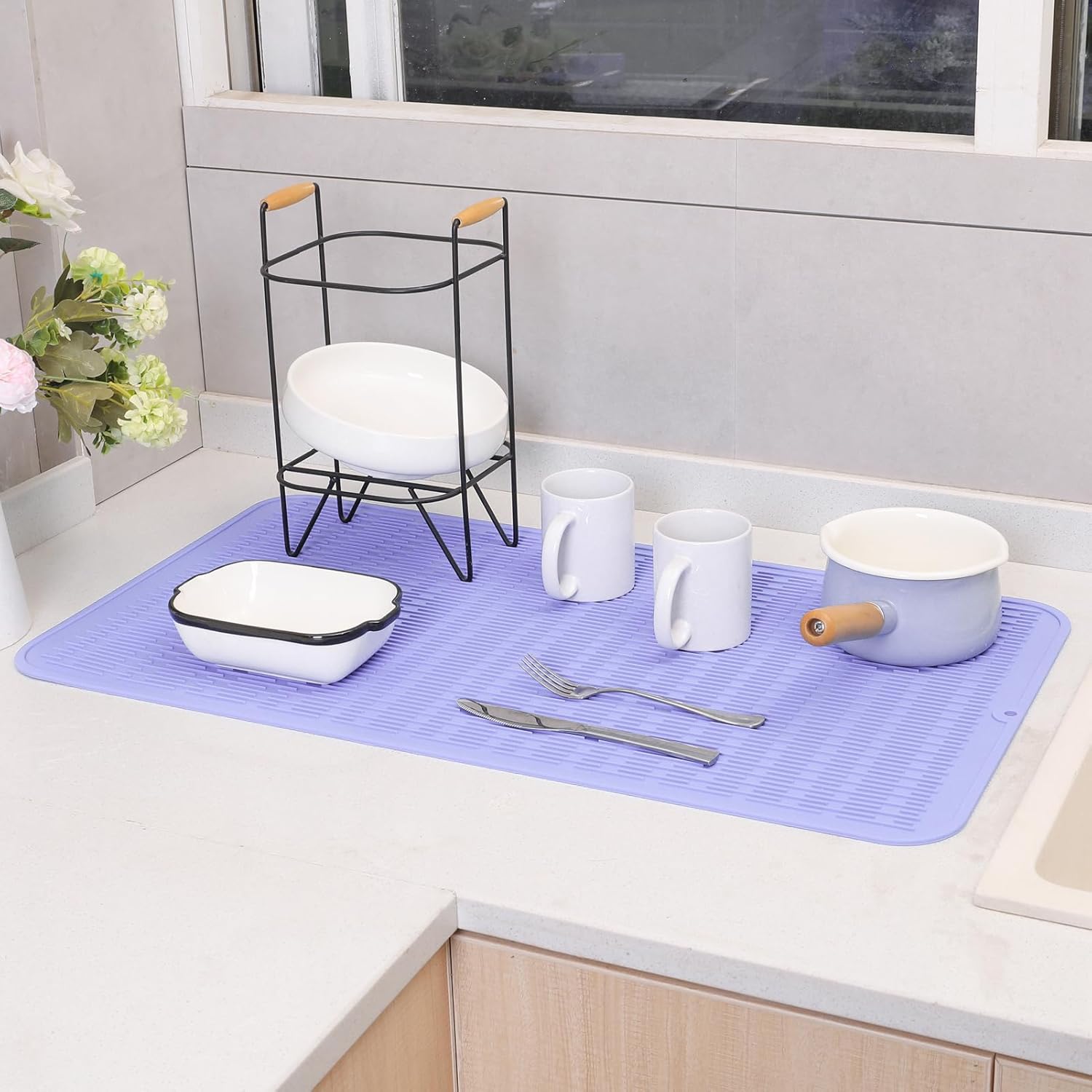 Silicone Dish Drying Mat for Multiple Usage,Easy clean,Eco-friendly,Heat-resistant Silicone Mat for Kitchen Counter or Sink,Refrigerator or Drawer Liner Light Purple 4XL 32 inches x 18 inches