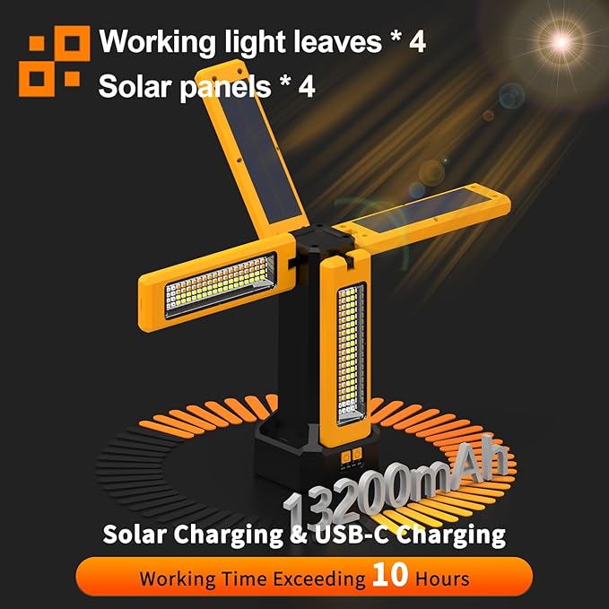 13200mAh Rechargeable Solar Work Light with Folding Stand Support and Portable Carrying Bag, 8000 Lumen Stepless Dimmable, 4 Lighting Modes, White/Warm/Warm White (Remote)