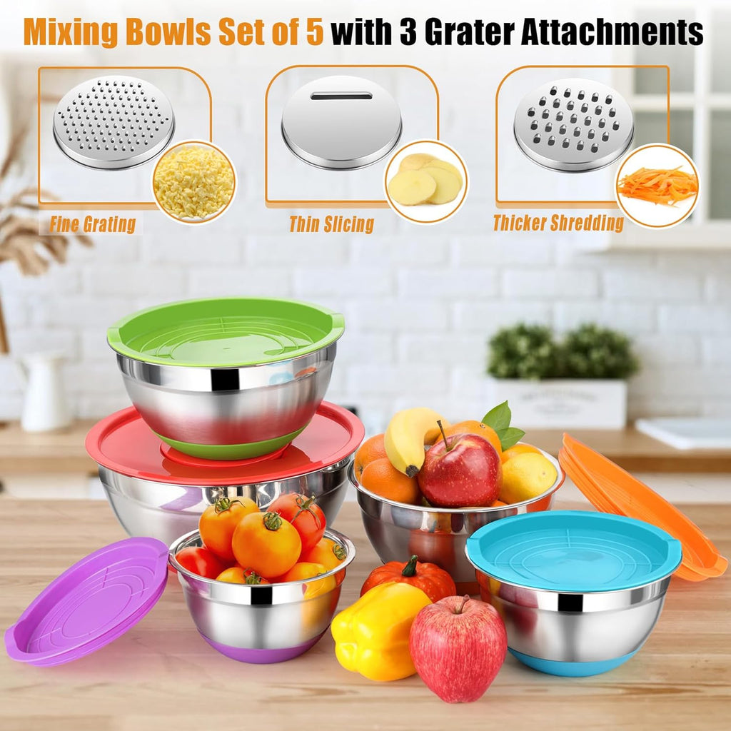 P&P CHEF Mixing Bowl with Lid Set, 5 Piece Stainless Steel Mixing Nesting Bowls for Salad Storage, 3 Grater Attachments & Non-Slip Bottoms, Size 1/1.5/2 / 2.6/4.6 QT, Multicolor