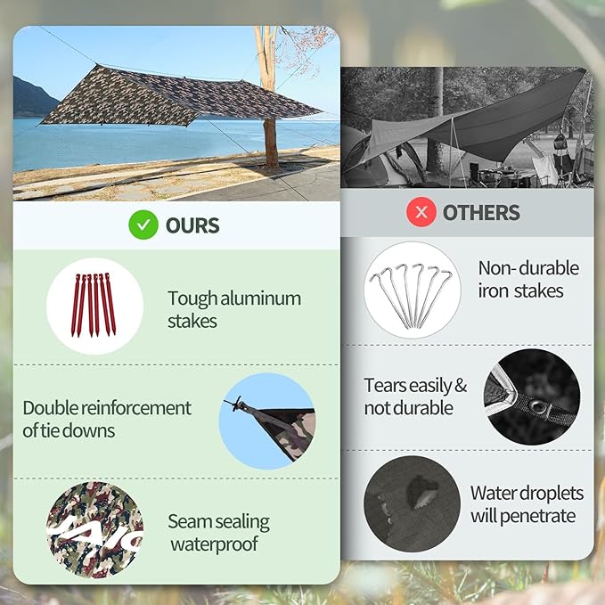 Waterproof Camping Tarp - 10X13ft Hammock Rain Fly, Ultralight & Portable & UV Protection Backpacking Tarp, Multifunctional for Outdoor Adventure, Hiking, Tent, Hammock