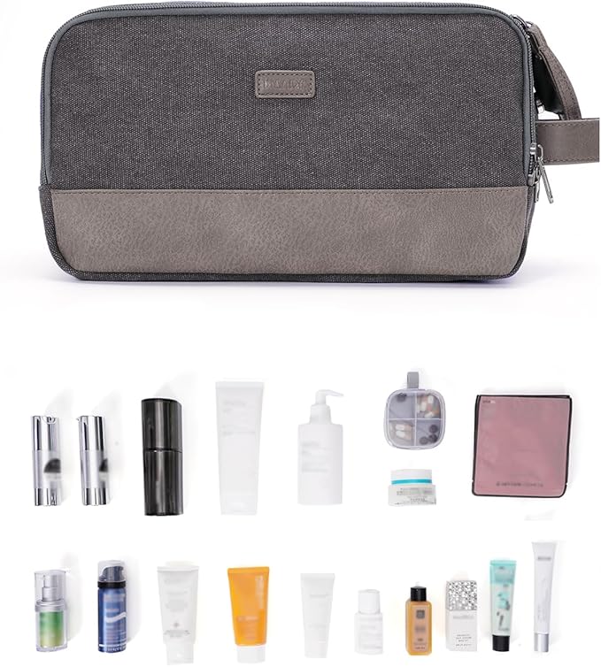 WANDF Toiletry Bag for Men Travel Toiletry Organizer Canvas and Leather Dopp Kit Water-Resistant Shaving Bag for Travel Accessories (Grey, Patent Pending)