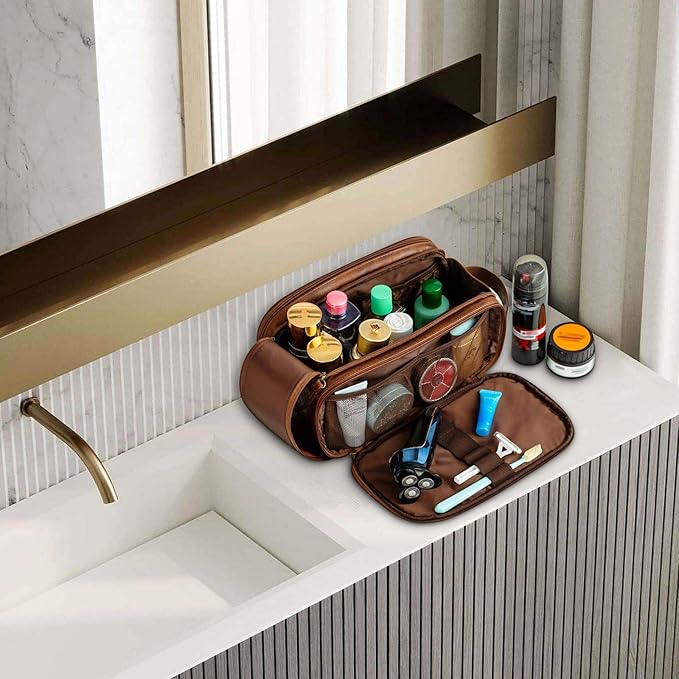Elviros Toiletry Bag for Men, Large Travel Shaving Dopp Kit Water-resistant Bathroom Toiletries Organizer PU Leather Cosmetic Bags (Medium, Dark Brown)