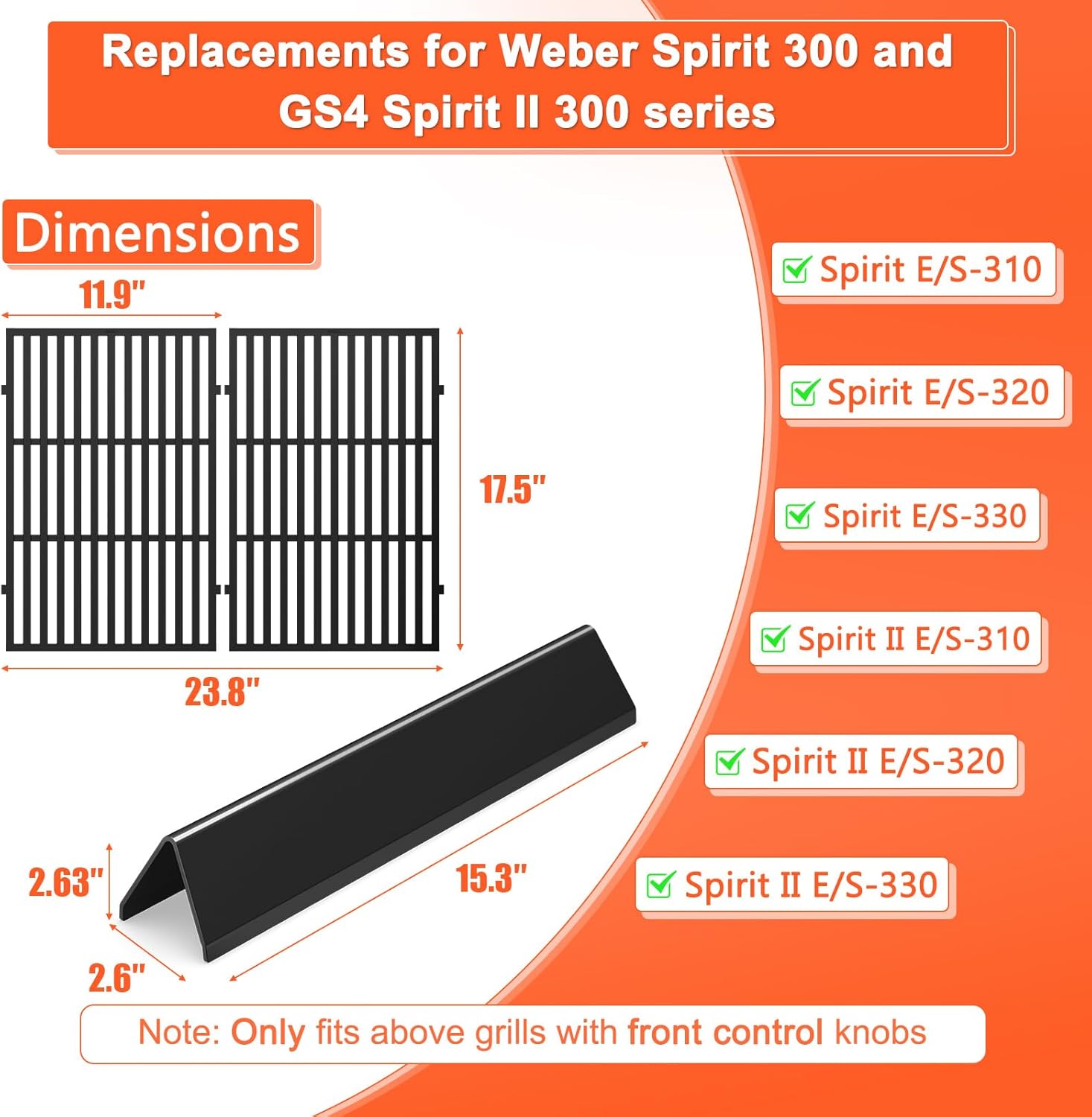 Spirit E310 Grill Parts for Weber Spirit, 17.5" Grill Grates 15.3" Flavorizer Bars for Weber Spirit 300 & GS4 Spirit II 300, Spirit E-310 E-315 Grills with Front Control Knobs for Weber 7638 7636