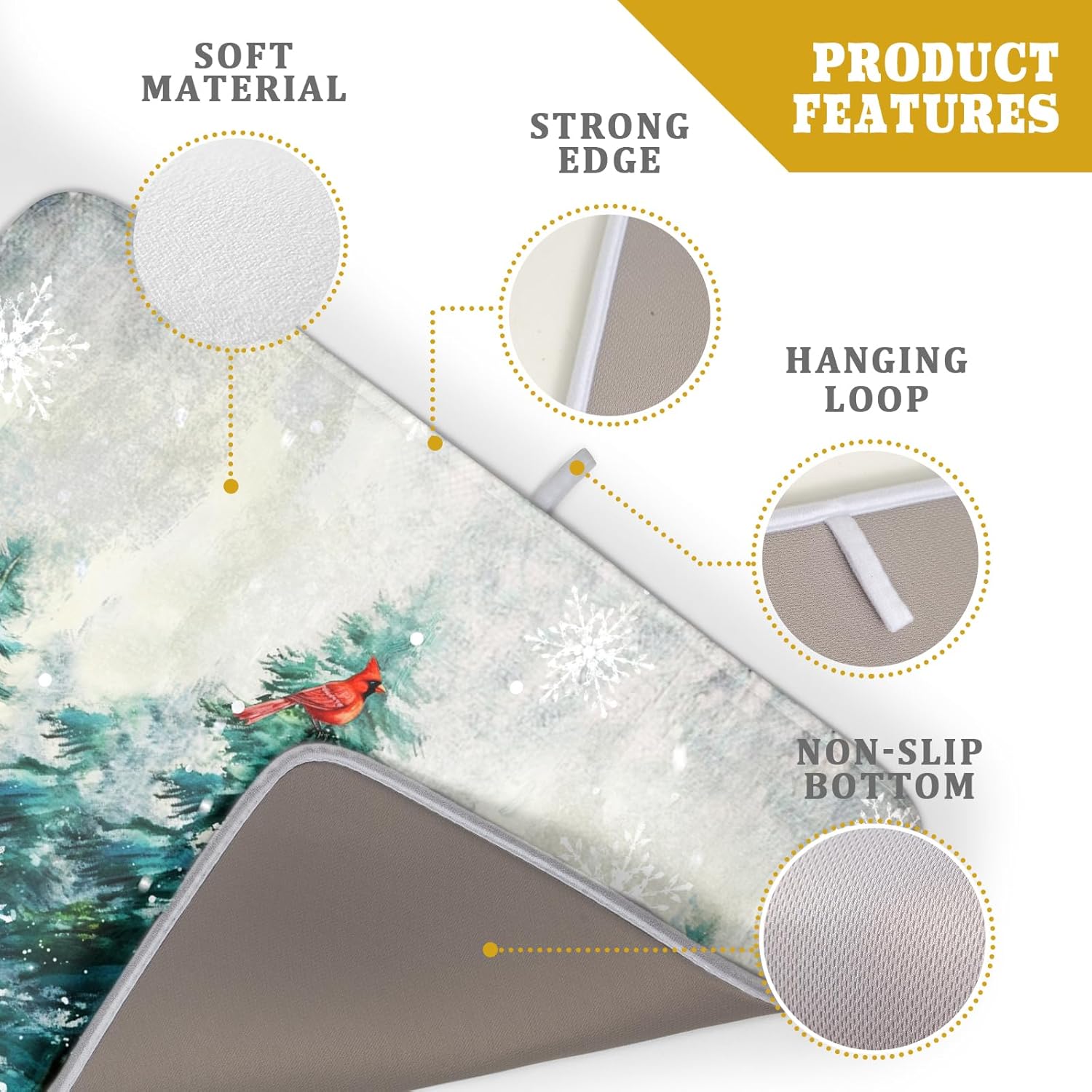 Pine Tree Dish Drying Mat for Kitchen Countertop Red Bird Dishes Mats Winter Decorative Absorbent Reversible Drainer Rack Pad 18x24 Inch