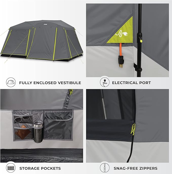 CORE Instant Cabin Tents | 6 Person / 9 Person / 10 Person / 12 Person Family Cabin Multi Room Pop Up Tents Car Camping | Included Storage Pockets for Camping Accessories